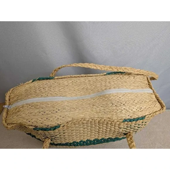 Woven Straw Tote Bag Teal Stripes Zipper Top Bohemian Beach Vacation Carryall - Picture 3 of 8